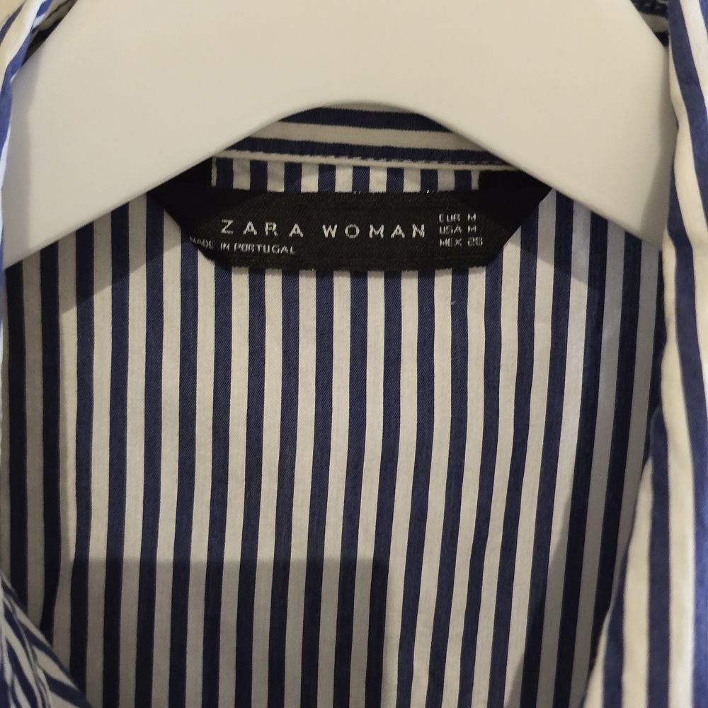 Zara Navy and White Striped Men's Shirt with Floral Detail - Picture 2 of 3